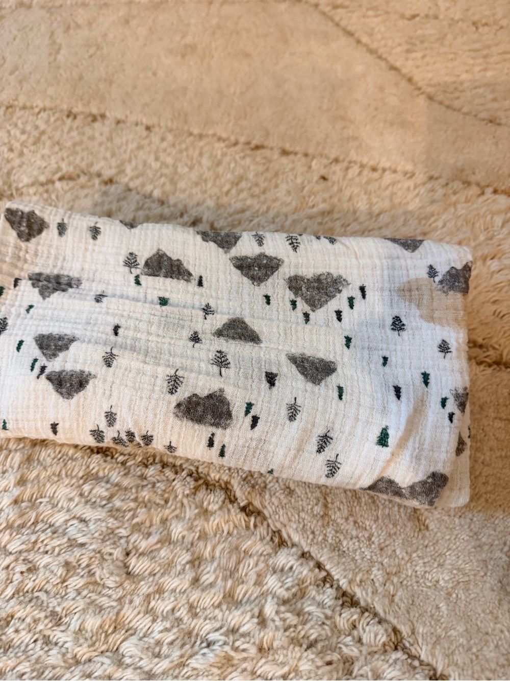 aden + anais White Muslin Swaddle with Gray Mountain & Green Tree Motif